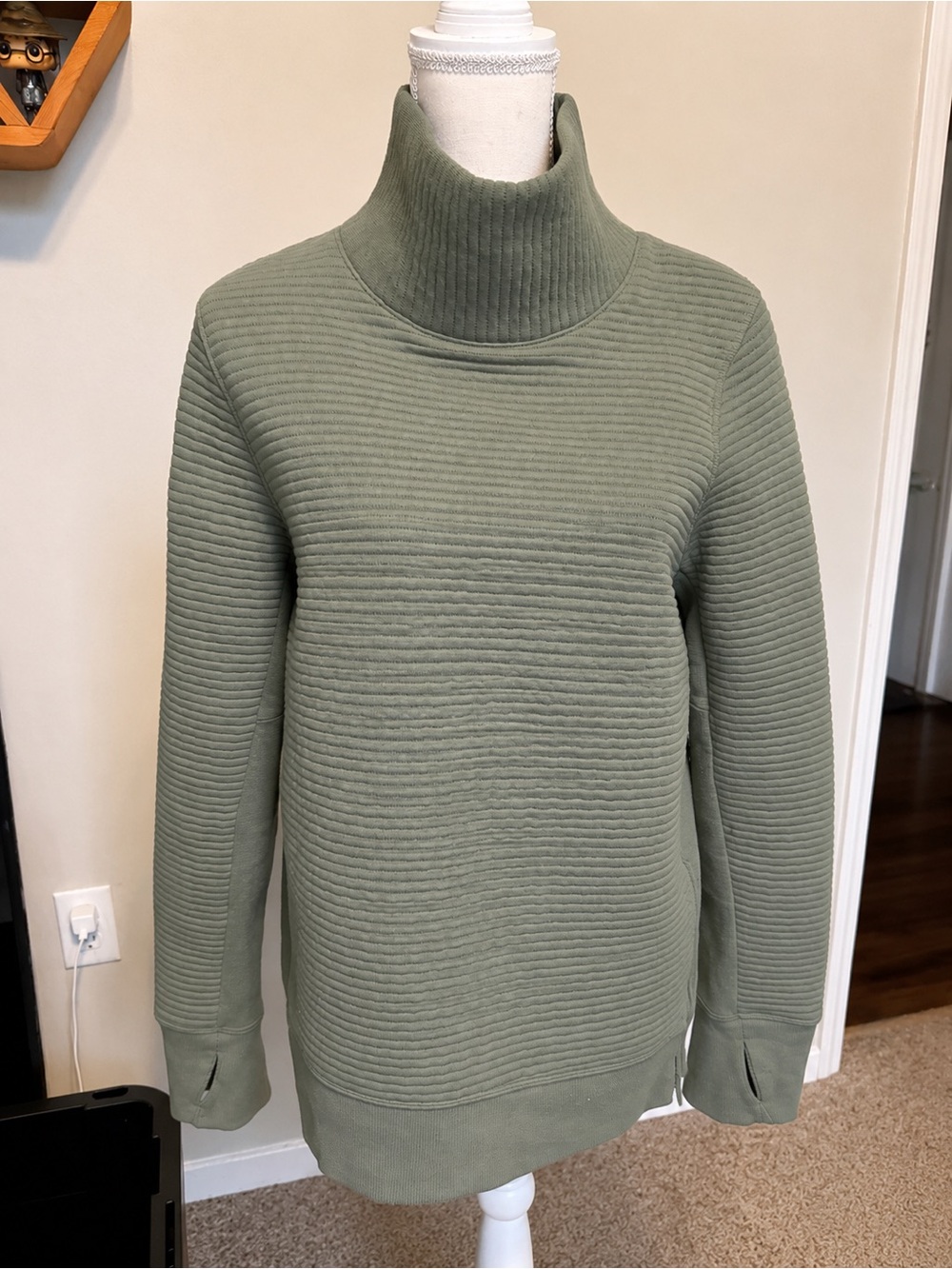 Sage Green Ribbed Funnel Neck Pullover Sweatshirt with Thumbholes